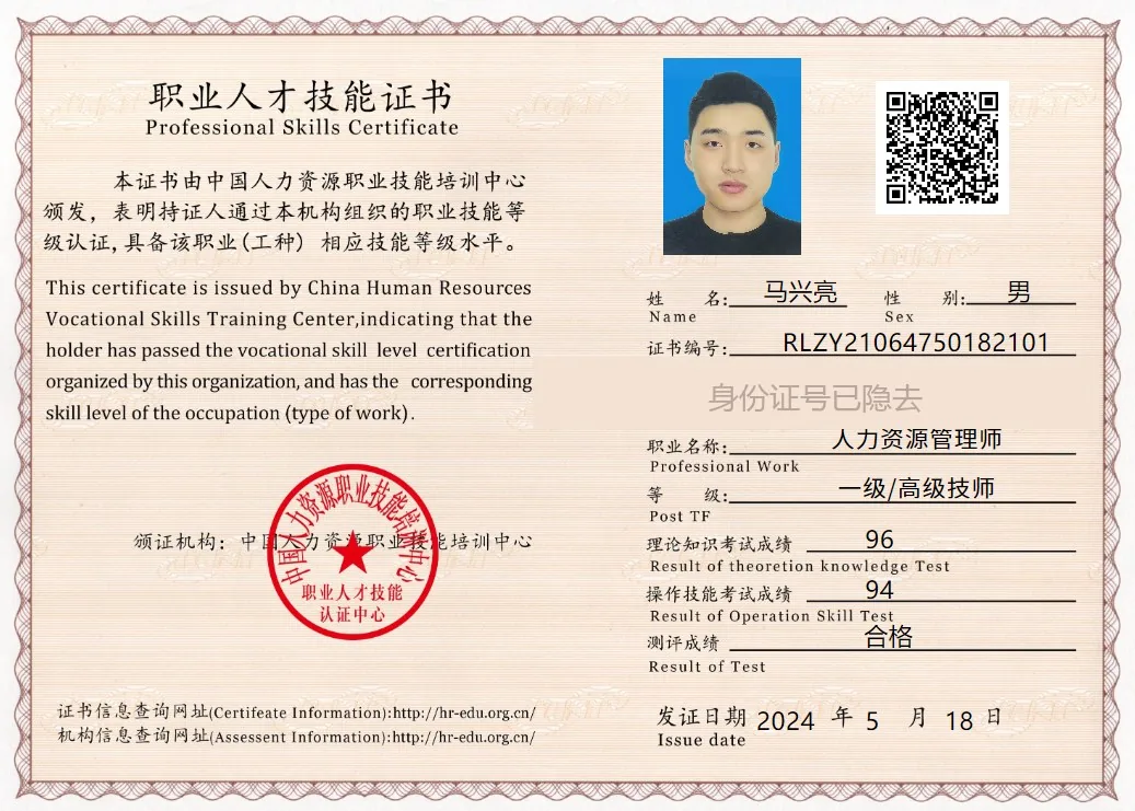 马兴亮 人力资源管理师证书